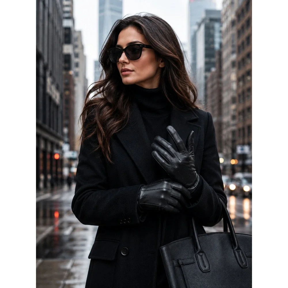 Leather Gloves 100% Cashmere Lined Black Hand Stitched Details #1372